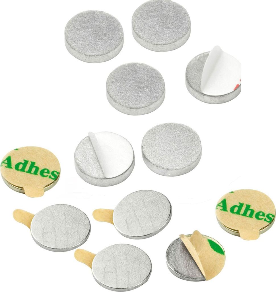 vasalat Scheibenmagnet flach, Magnete mit Metallscheiben selbstklebend, Rundmagnet ø 8mm, Neodym vernickelt 12-teilig