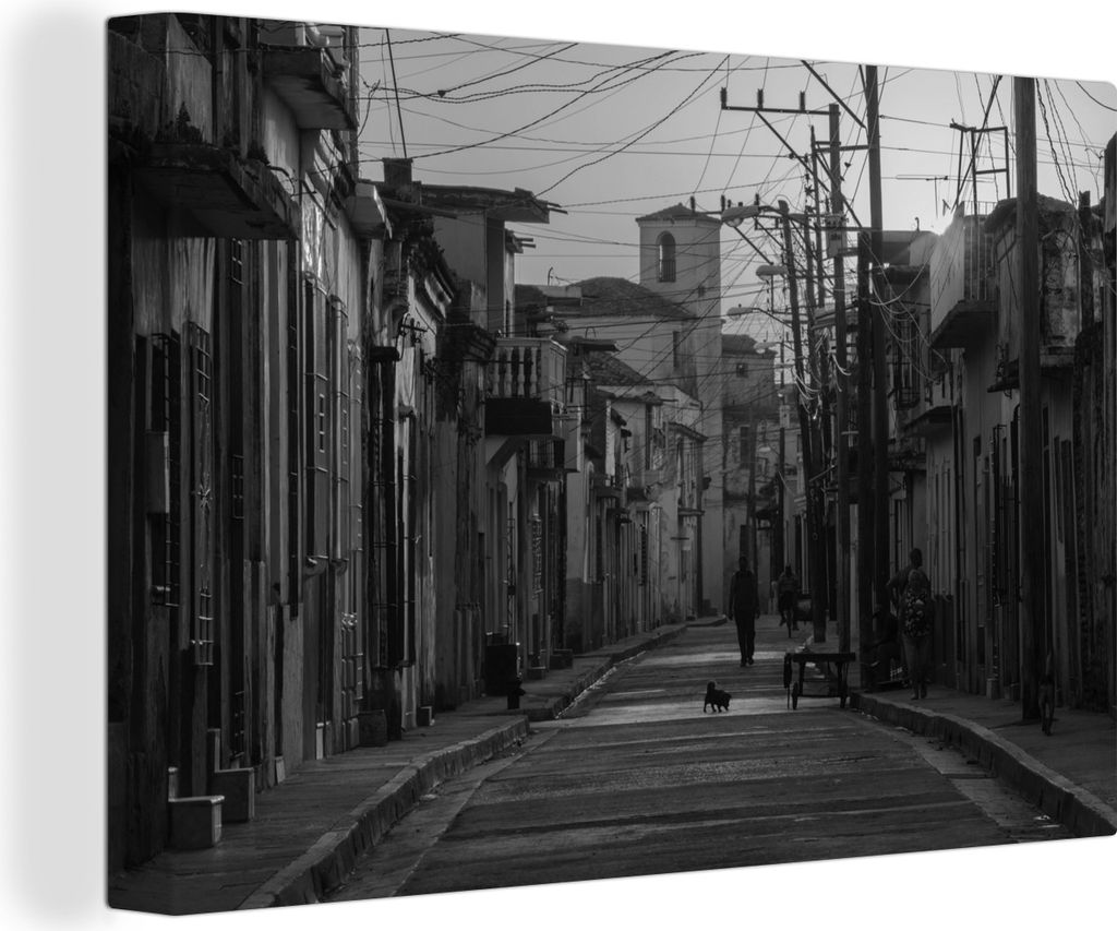 OneMillionCanvasses - Leinwandbilder - 140x90 cm, Straße mit wenigen Menschen in Kuba - schwarz und weiß, Wandbilder Kunstdruck Wanddekoration