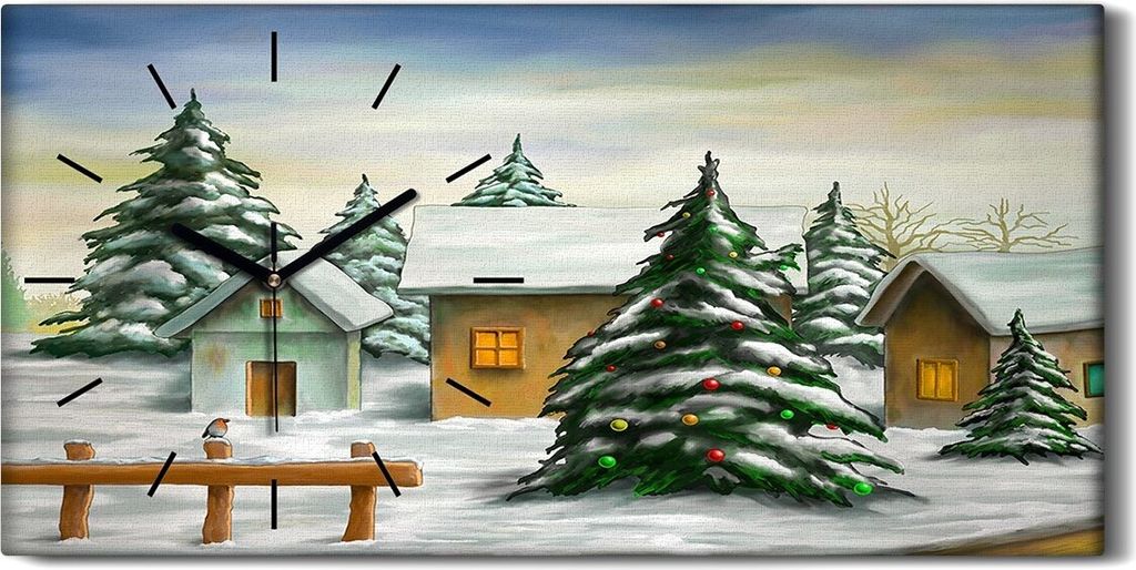 Küche Wohnzimmer Wand Leinwand Uhr 60x30 Kleines Dorf Weihnachtslandschaft - schwarze Hände