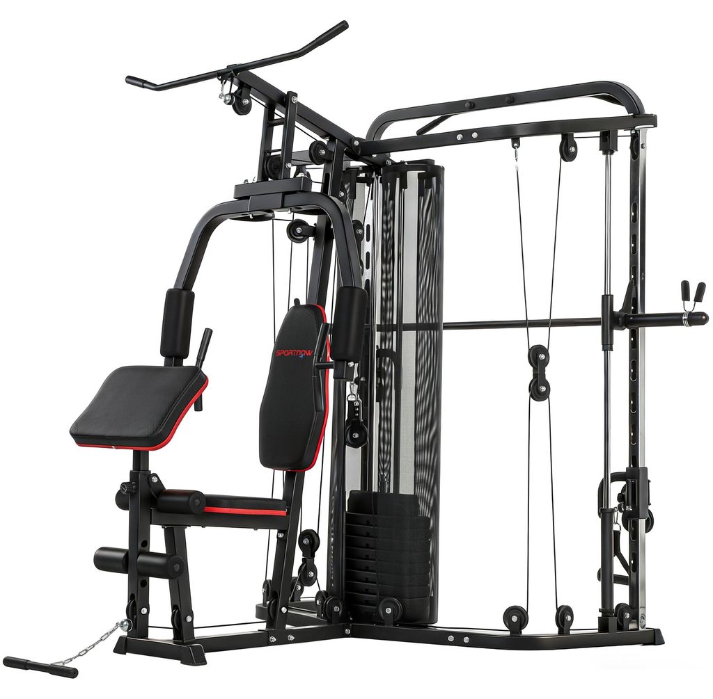 Kraftstation Fitnessstation mit 65kg Gewichten, Latzug, Butterflystange, verstellbar Preacher Bank, Beintrainer