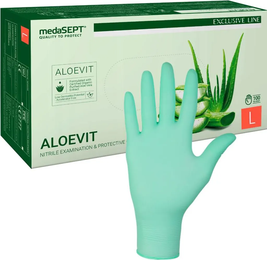 Gants examen nitrile L verts Aloevit pour mains sensibles 100 pièces