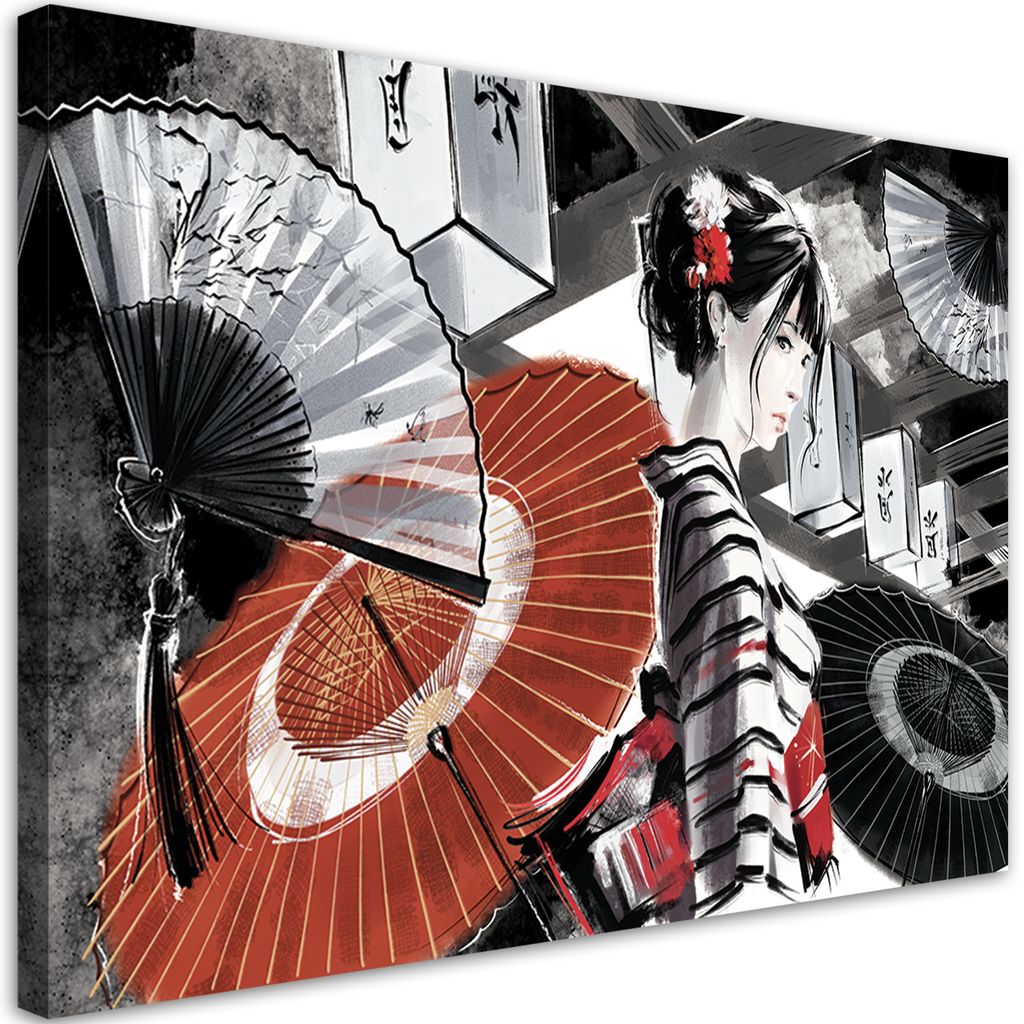 Leinwandbild geisha mit fächer 120x80 cm Feeby grau wandbild bereit zum aufhängen