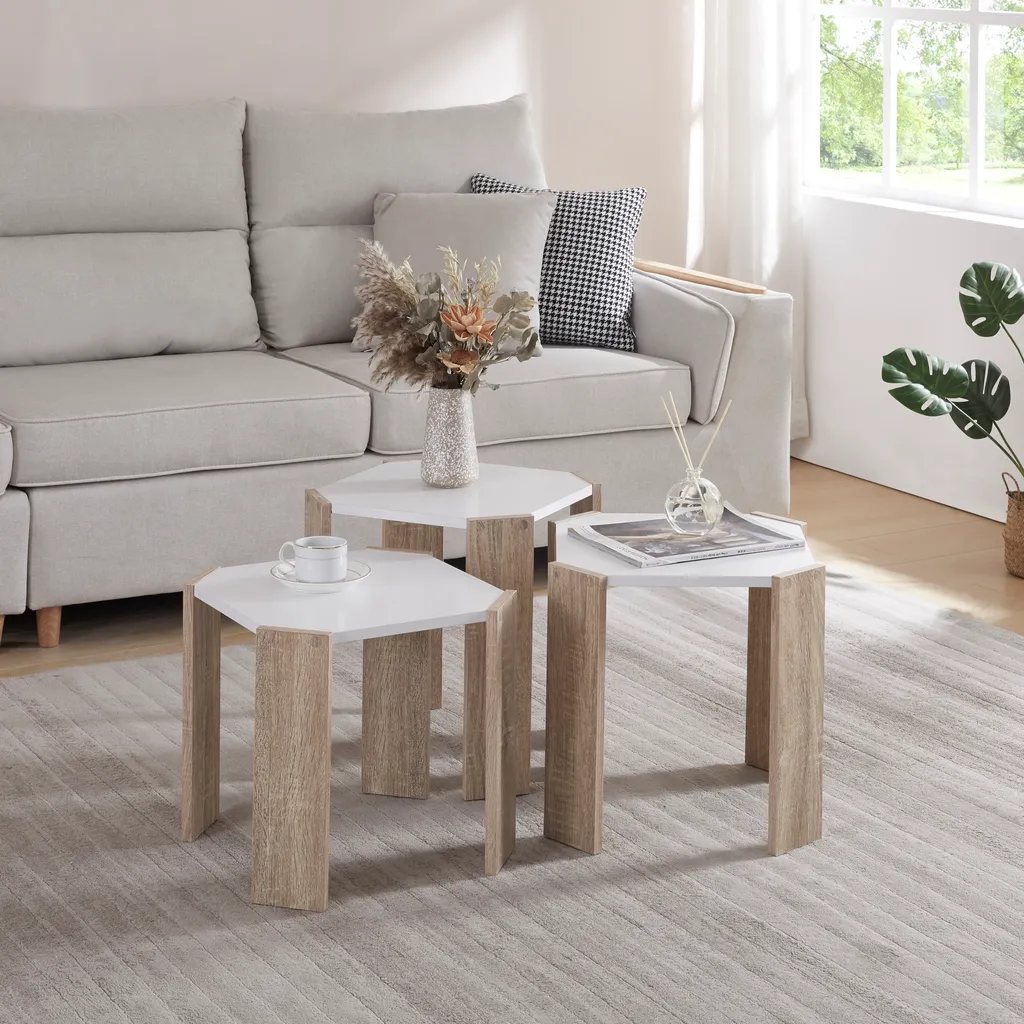 Set Tavoli Rantasalmi 3 Pezzi | Arredo Minimal Bianco e Rovere