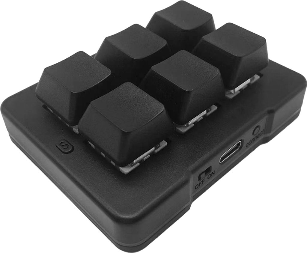 A black, six-key mechanical macro pad is shown from a slightly elevated angle against a white background.