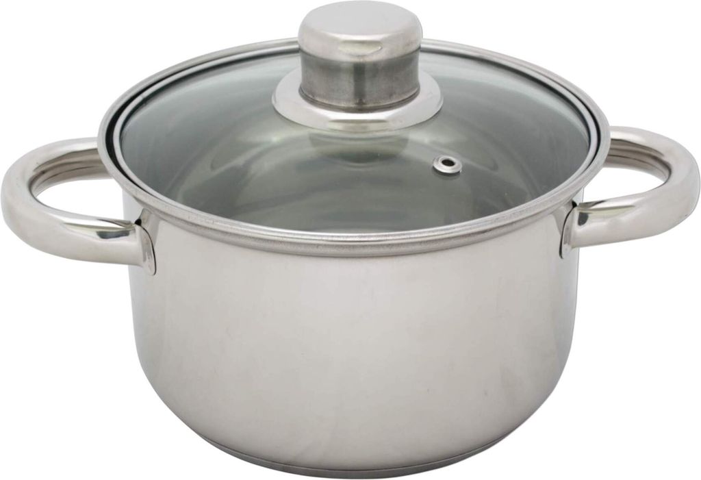 A stainless steel cooking pot with a glass lid is shown against a white background.