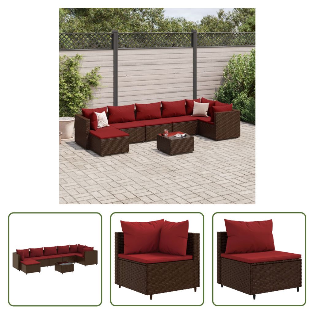 The Living Store 8-tlg. Garten-Lounge-Set mit Kissen Braun Poly Rattan