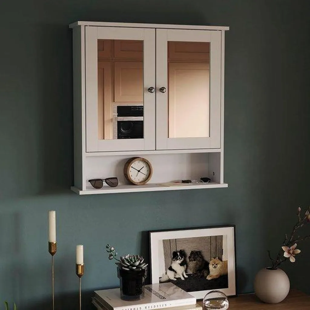 Armoire salle de bains double miroir bois blanc pour rangement famille