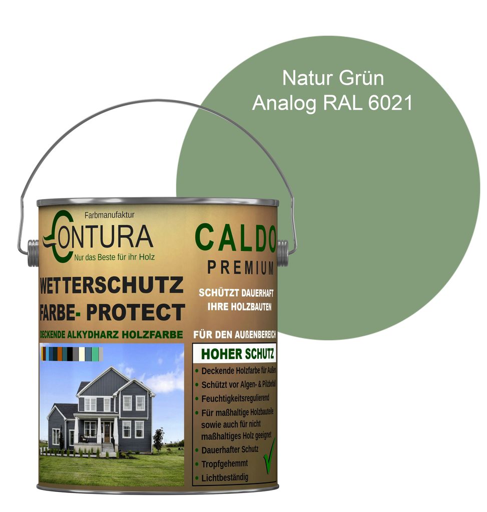 Contura 2,5Liter Wetterschutzfarbe Holz Dauerschutzfarbe Deckend Buntlack Holzfarbe Holzlasur Seidenmatt - Natur Grün - RAL 6021 Analog