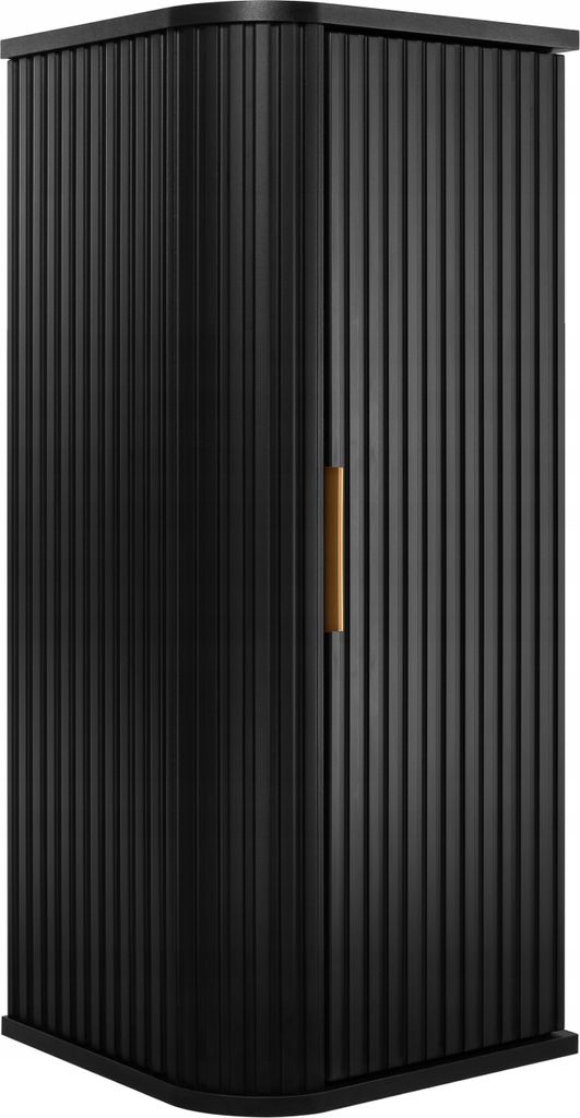 A black tall cabinet with a ribbed texture and a single brown handle on the door.