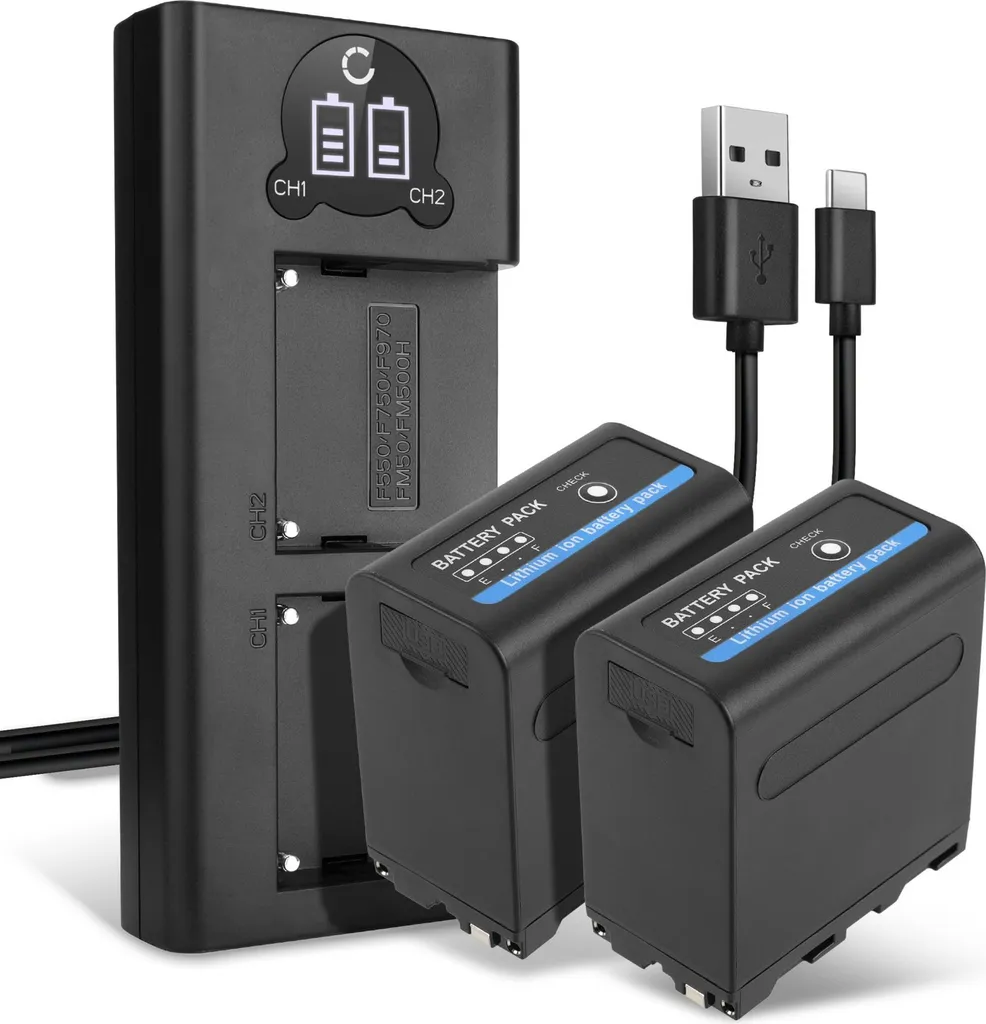 CELLONIC, Batteria per Fotocamera, compatibile con Sony NP-F970, NP-F960, NP-F950 (7.4V, 10200mAh) 2 Pezzi + Doppio caricabatterie