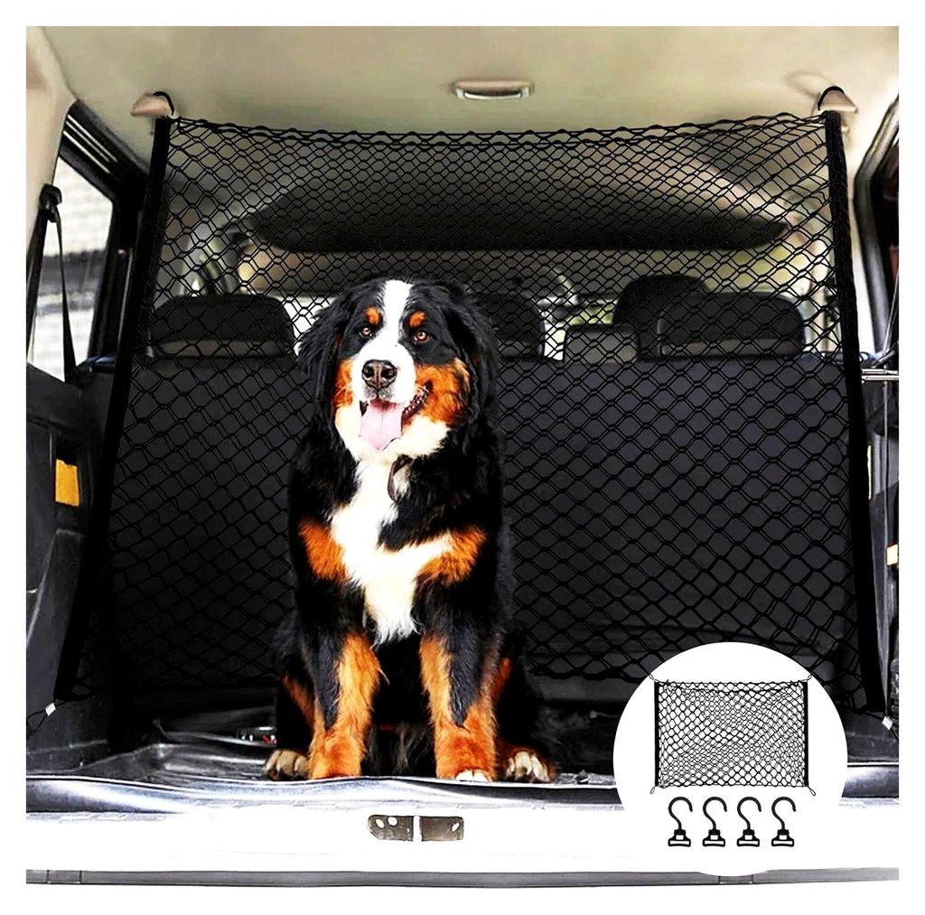 Hundegitter für den Kofferraum, Trennnetz 120x90 cm, Doppelschicht Polypropylen mit 4 Haken, Universelles Absperrnetz für Haustiere