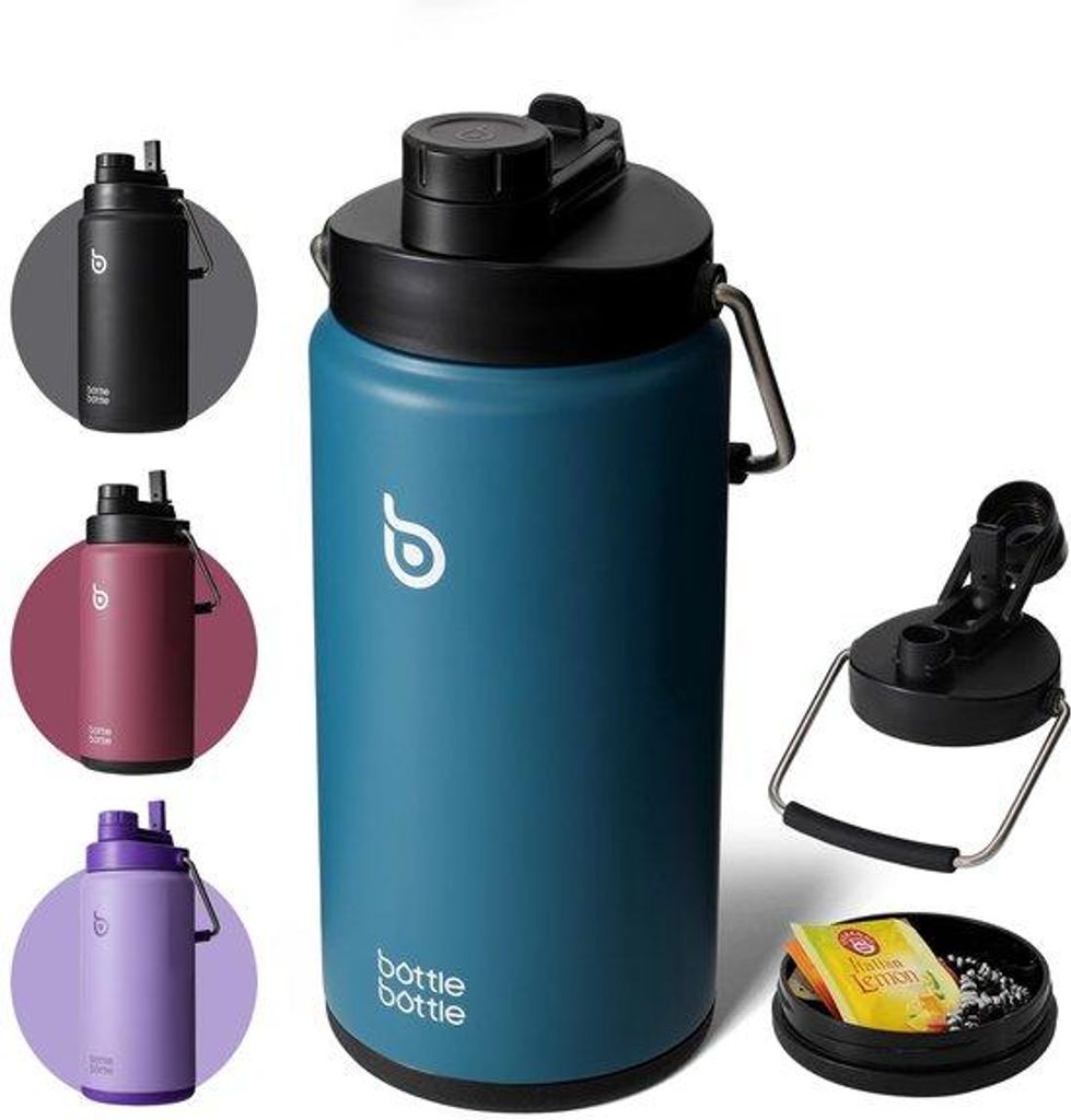 Isolierter Edelstahl-Wasserflasche 64oz (1,8L) mit Griffe, Deckel, Handgriff und Medikamentenfach - BPA-frei, leckfrei, ideale Trinkflasche für Sp...