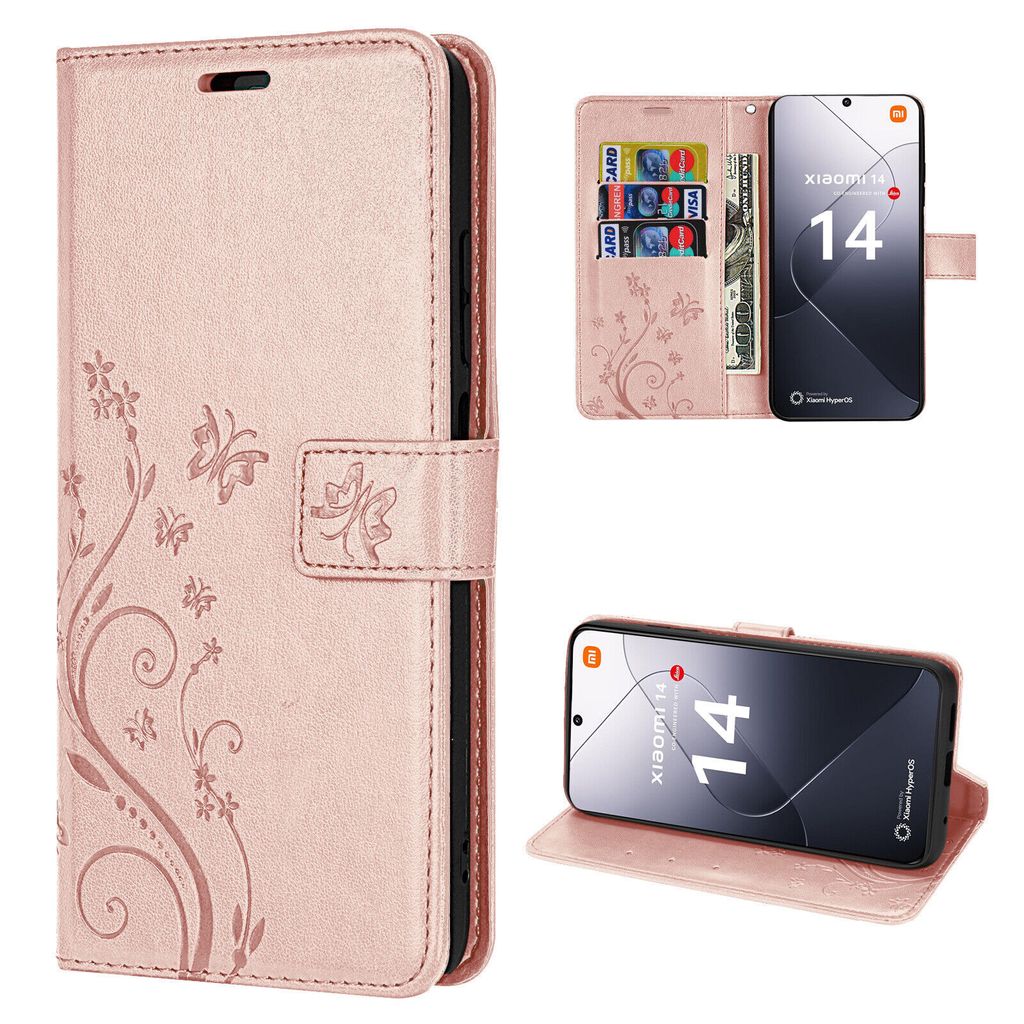 Hülle Xiaomi 14 Handy Tasche Handyhülle Wallet Case Flip Cover Blumen Klapphülle Rosegold