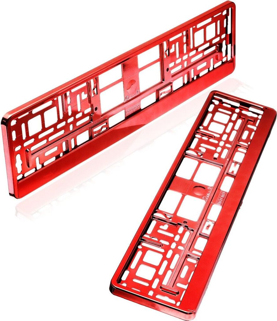 2 Kennzeichenhalter | rot chrom | Kfz Kennzeichenhalterung für PKW