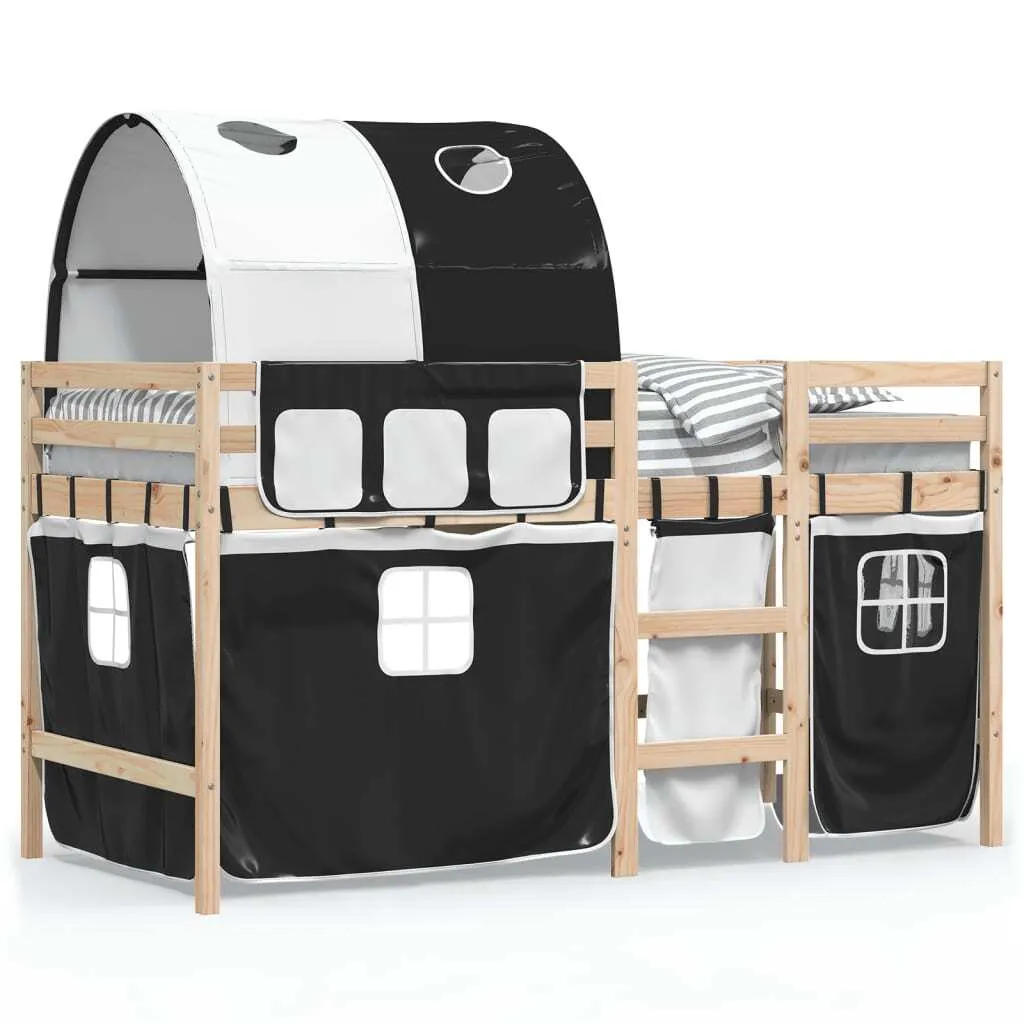 Lit surélevé enfant avec tunnel noir et blanc 90x190 cm en bois de pin