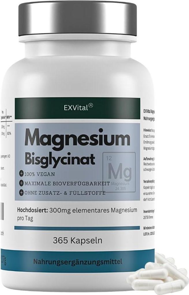Magnesiumbisglycinat, hochdosiert 1365mg pro Tagesdosis, 365 vegane Kapseln von Exvital