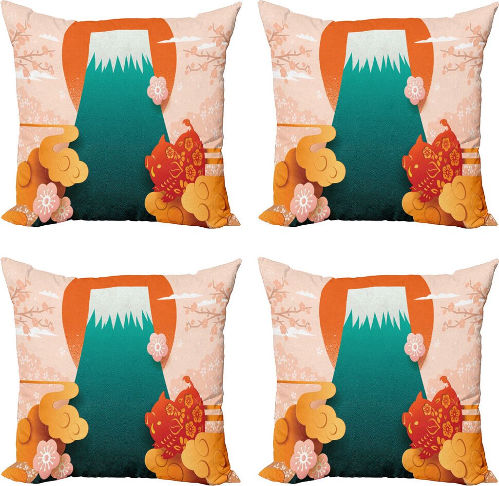 ABAKUHAUS japanisch Kissenbezug Set (4 Stück), Folkloristische Elemente Doodle, Moderner Doppelseitiger Digitaldruck, 60 cm x 60 cm, Mehrfarbig
