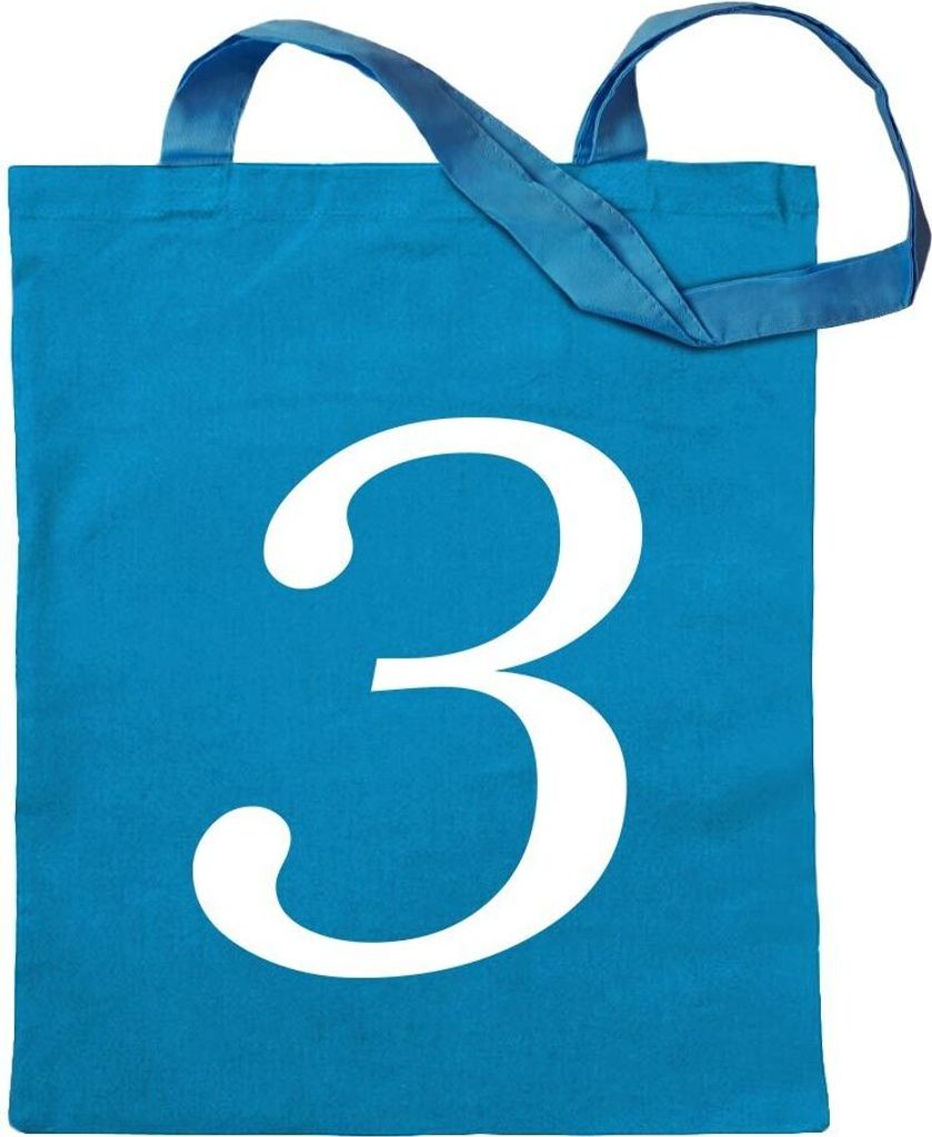 Kiwistar - Baumwolltasche - hellblau - Zahl 3 - Zahlen Nummern - Turnbeutel Fun Rucksack Sport Beutel Gymsack Ziehgurt