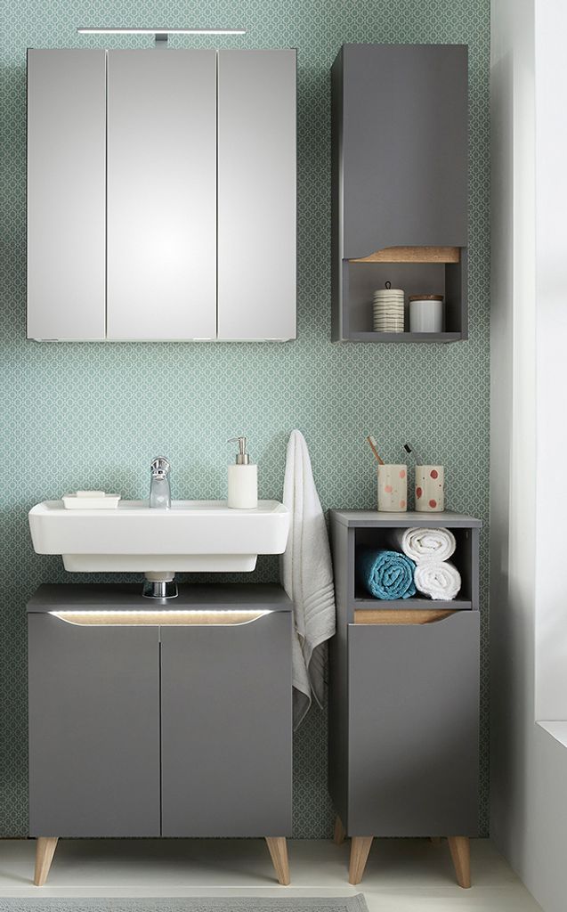 Badmöbel Set mit Füßen in Holzoptik QENA-66 in Quarzgrau Matt Touch mit Riviera Eiche Nb., B/H/T ca. 110/190/33 cm