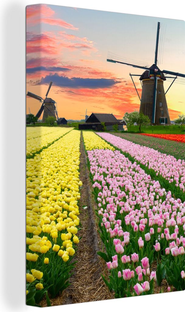 OneMillionCanvasses - Leinwandbilder - 90x140 cm, Windmühle - Tulpen - Blumen - Niederlande, Wandbilder Kunstdruck Wanddekoration - Foto auf Lei...