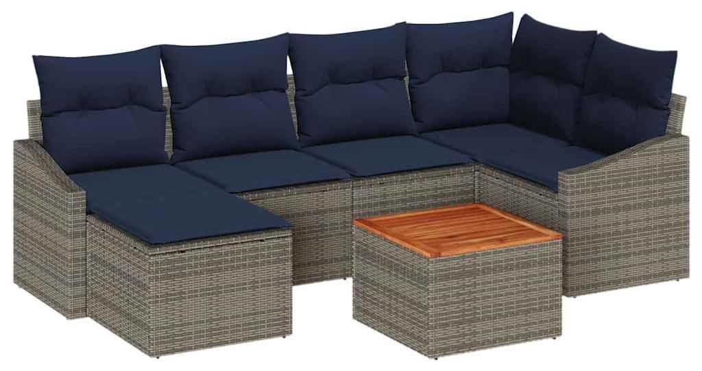 Gartensofa-set 7 pcs Grau und Marineblau Poly-Rattan