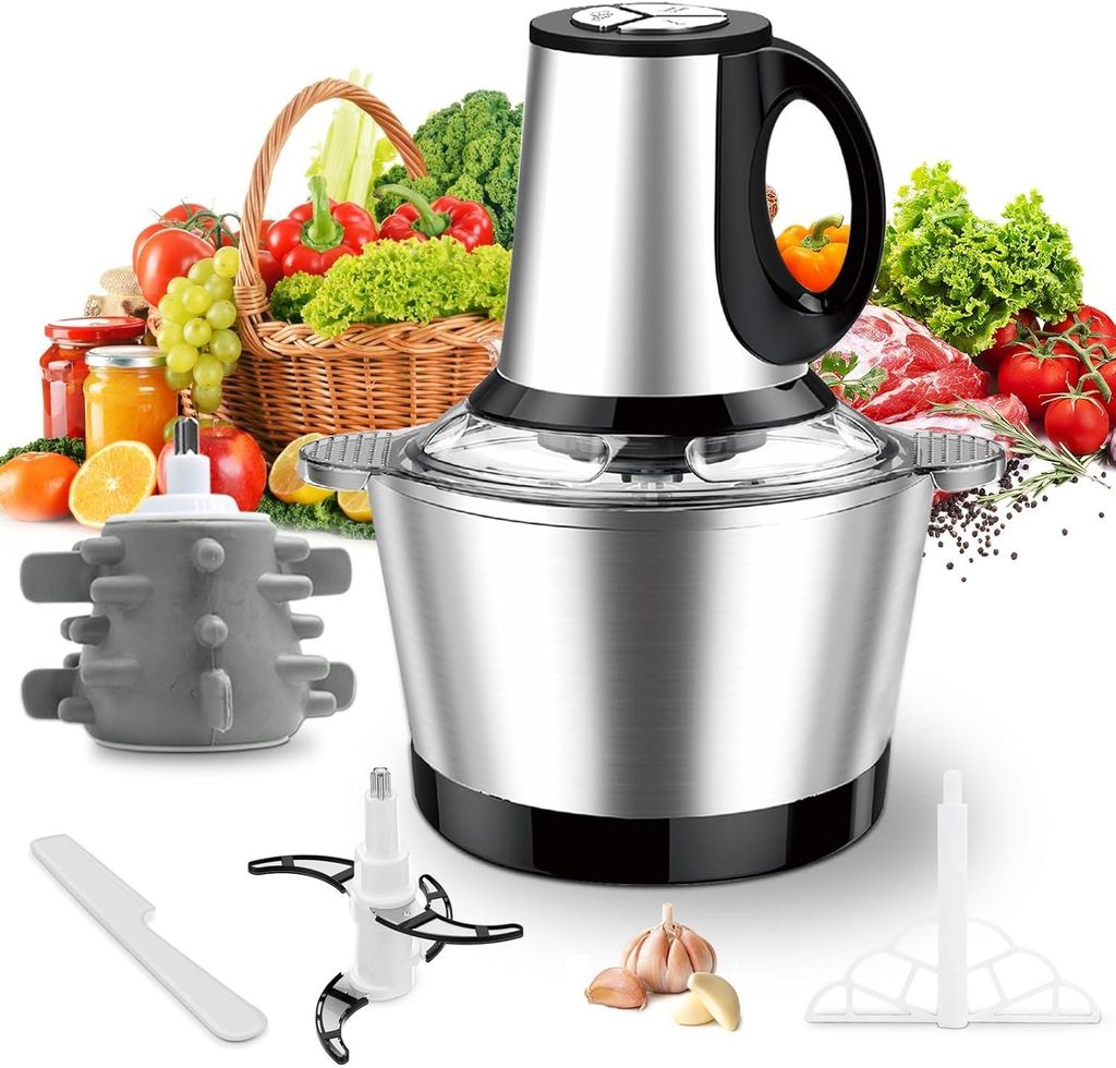 Elektrischer Mini-Zerkleinerer 600 W, 3 Stufen, 2 l Edelstahlschüssel, ideal für Fleisch, Babynahrung & Tierfutter, kompakt für die Küche