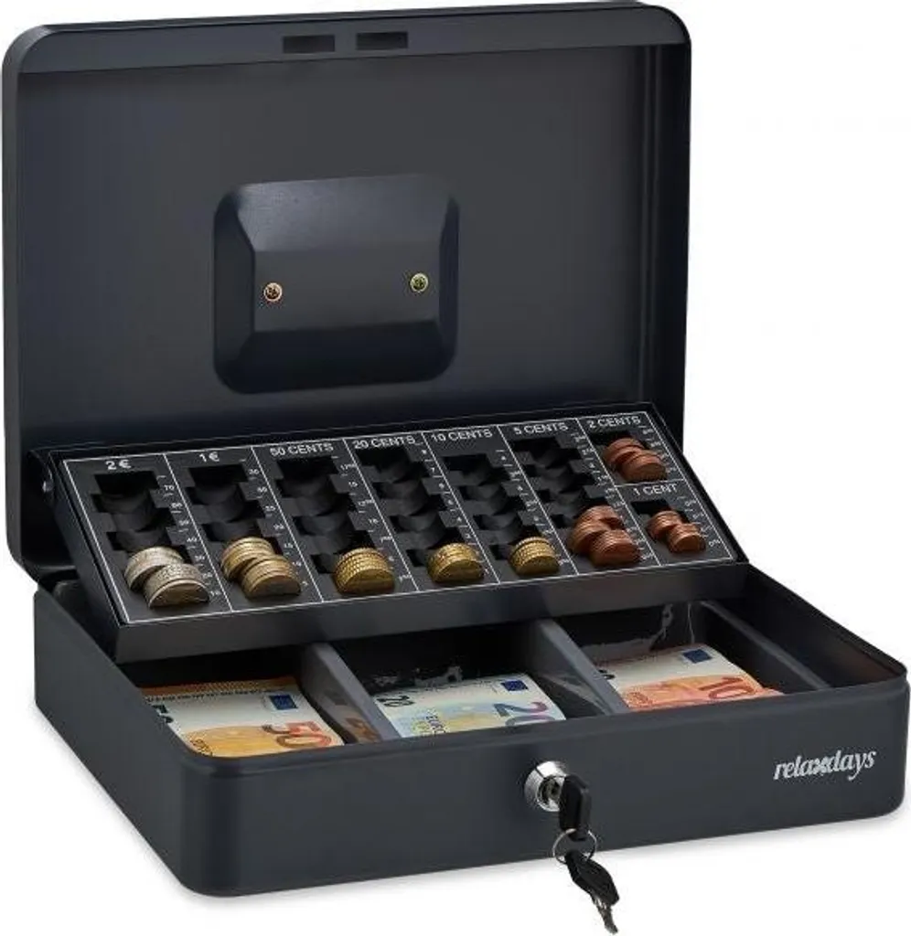 Boîte à billets grise pour commerçant avec 2 clés et plateau de tri