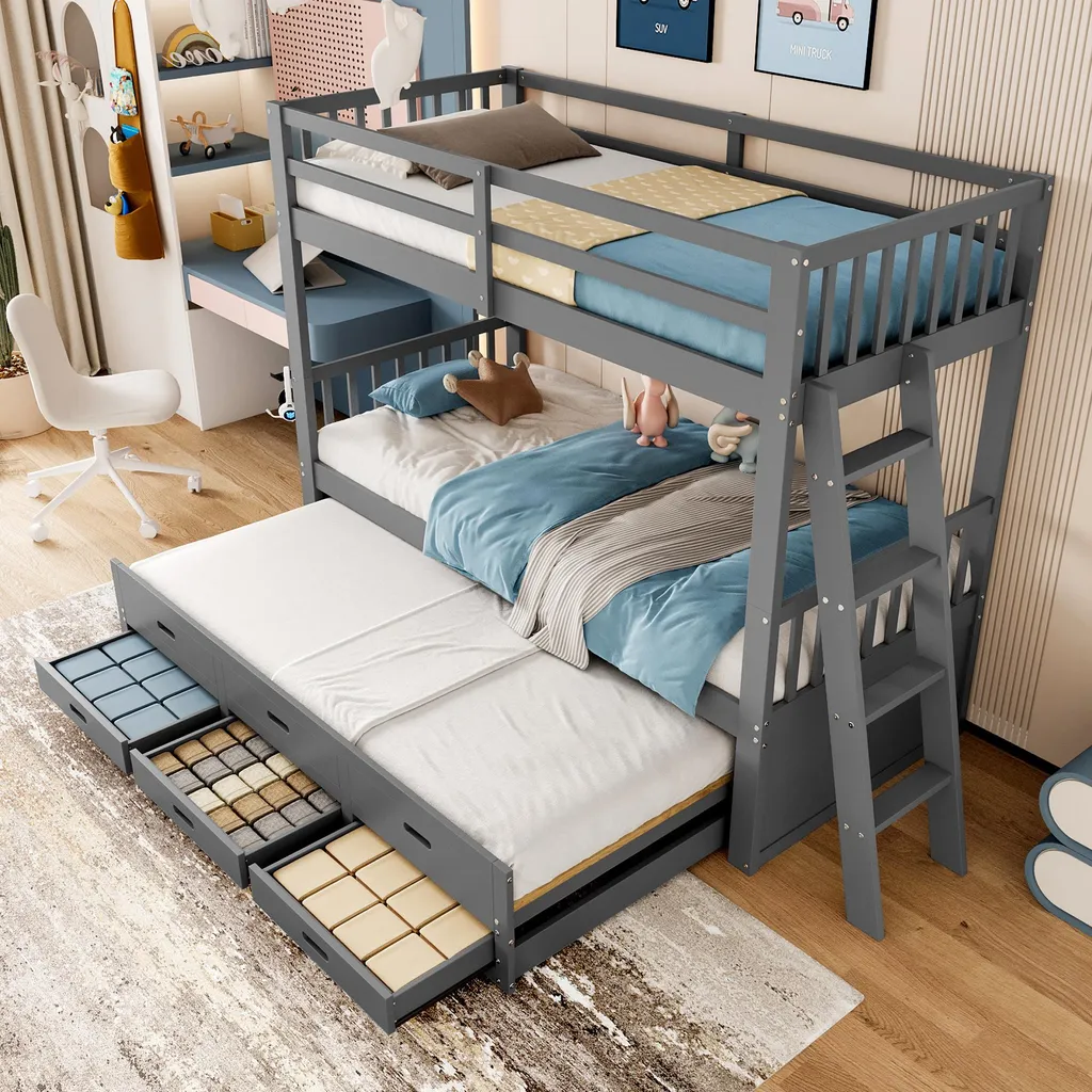 Lit Superposé Triple 90x200 Gris en Bois de Pin avec Rangement