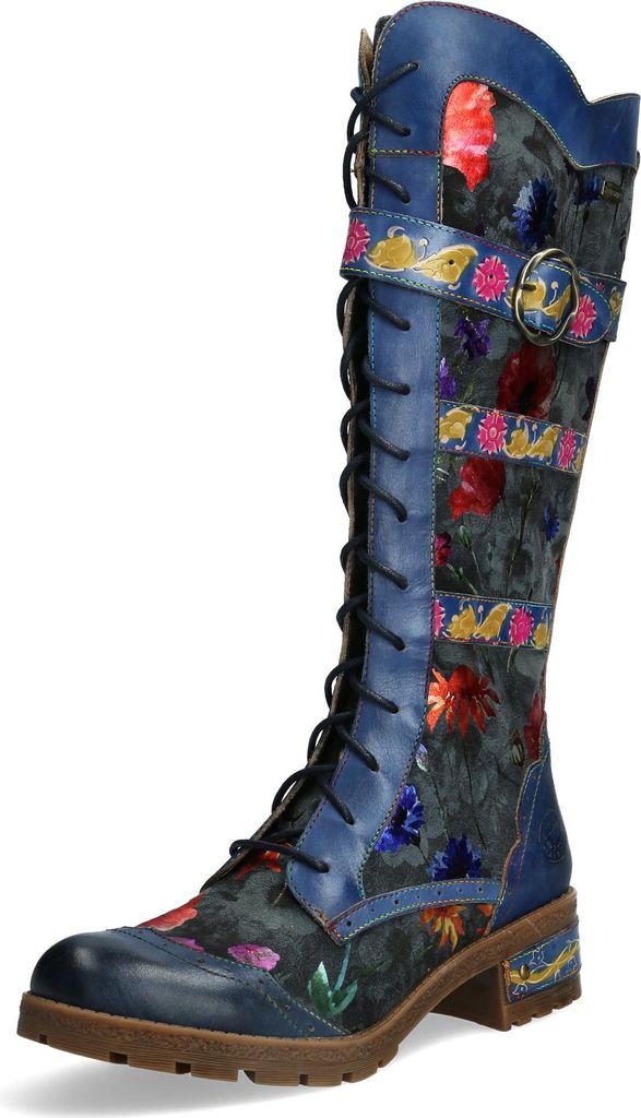 Laura Vita Damen Stiefel Leder mit Blumenmuster Riemen und Schnalle Cocrailo 85, Größe:38 EU, Farbe:Blau