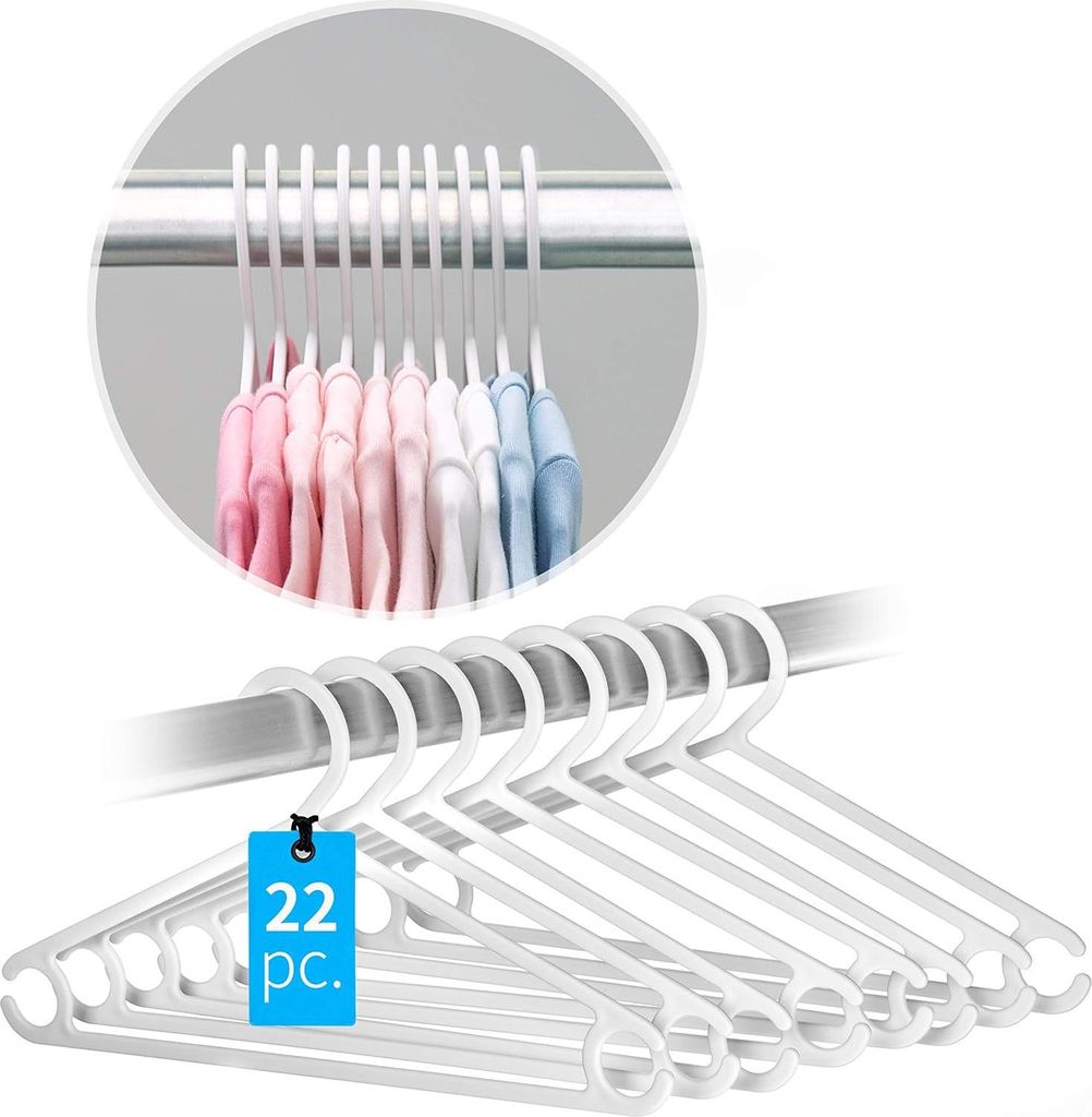 Baby Kleiderbügel Set - 22 x Kunststoff Kleiderbügel für Baby- und Kinderkleidung mit Anti-Rutsch Hosenstange - Weiß