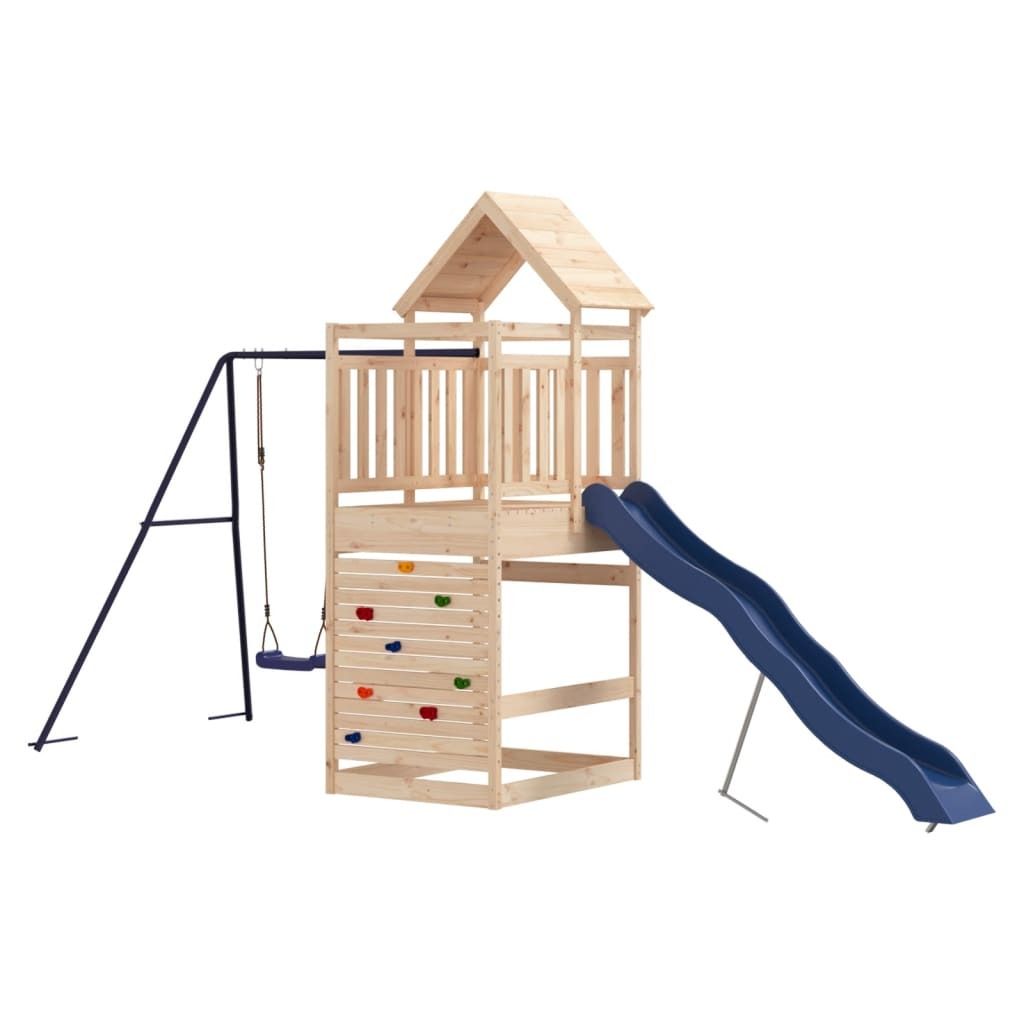 Spielturm dkd-home-decor Massivholz Kiefer 419 x 199 x 249 cm mit Kletterwand, Wellenrutsche, Schaukel, Sandkasten und Holzdach