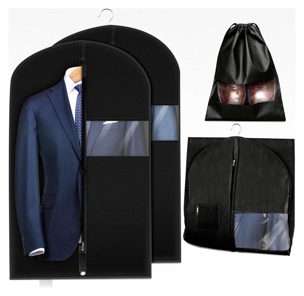 Kleidersack Anzug 100 x 60 cm, 2 Stück mit 1 Schuhtasche, Herren Kleidersäcke Schwarz mit Reißverschluss, Kleiderhüllen für Anzüge, Kleider, ...