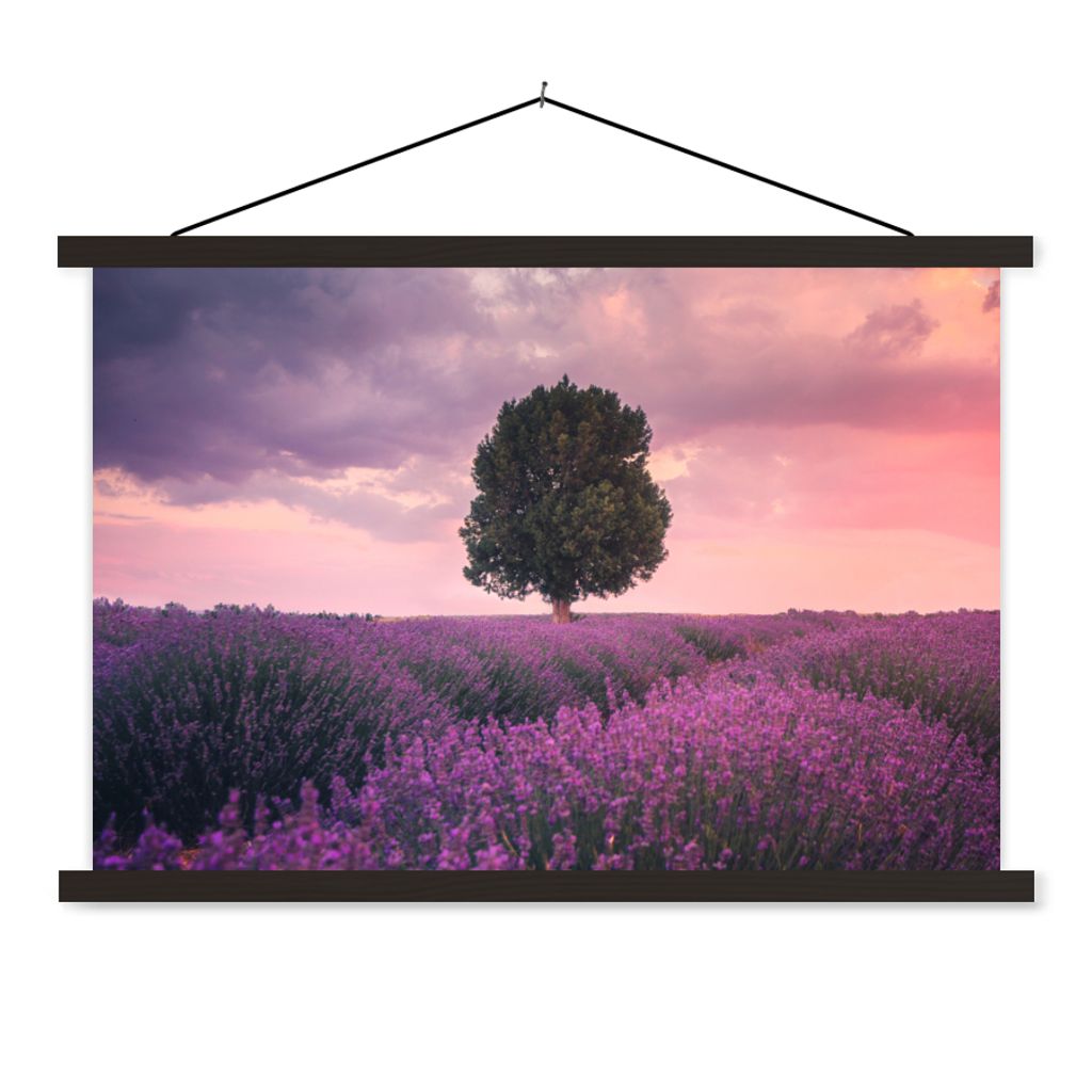 MuchoWow Textilposter Lavendel - Blumen - Lila - Baum - Natur 90x60 cm mit schwarzem Rahmen - Aufhängungssatz