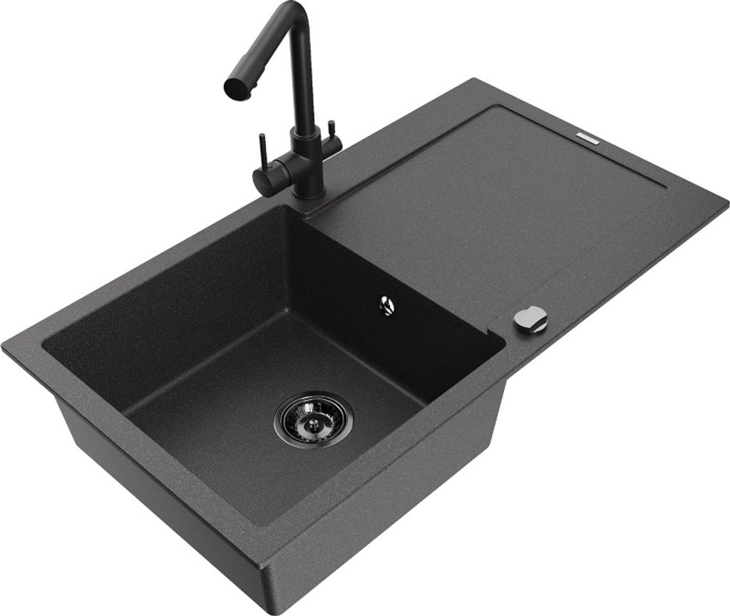 Mexen Leo 1 Becken-Granitspüle mit Abtropffläche und Mischbatterie Duero, Schwarz gesprenkelt - 6501-76-671600-70-B