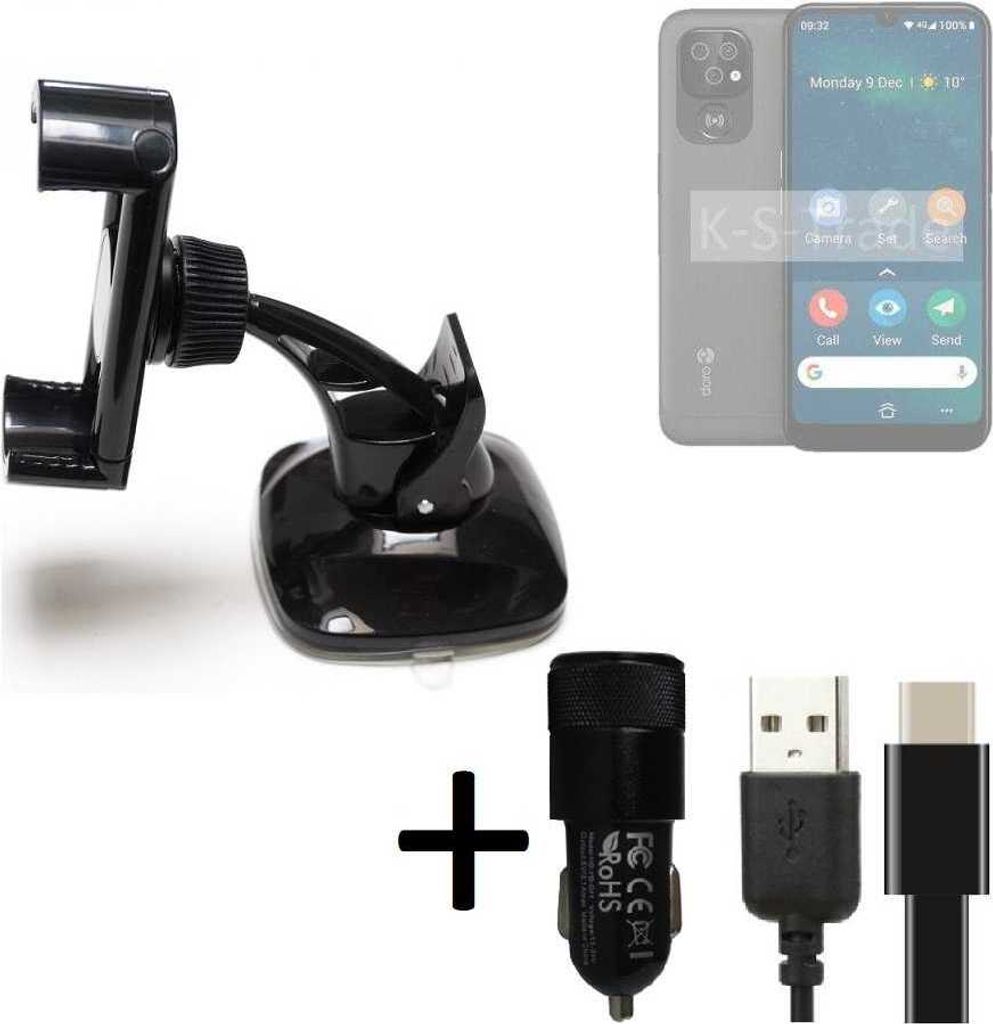 K-S-Trade Handy-Halterung kompatibel mit Doro 8100 Windschutzscheibe / Armaturenbrett + LADEGERÄT mit Mico USB Kabel Autohalterung Scheiben-Halterung