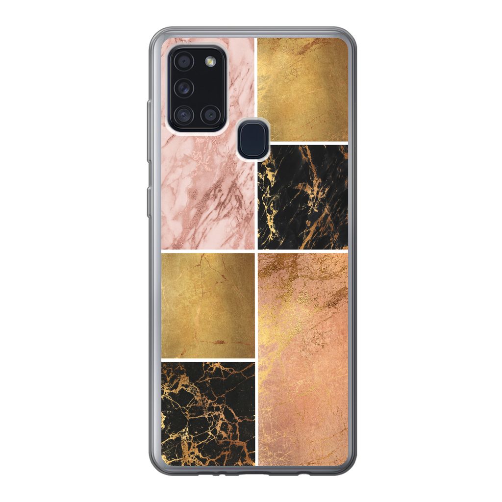 MuchoWow Handyhülle Schutzhülle Hülle für Samsung Galaxy A21s Marmor - Rosa - Gold Silikon Softcase Handy Hülle - Hartschale