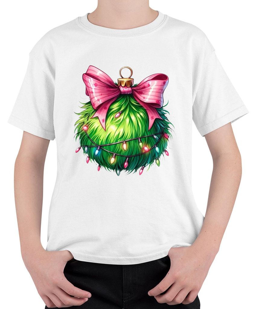 Flauschige Weihnachtskugel rosa Schleife Lichterkette Weihnachten Uni Kinder T-Shirt, Weiß, 128