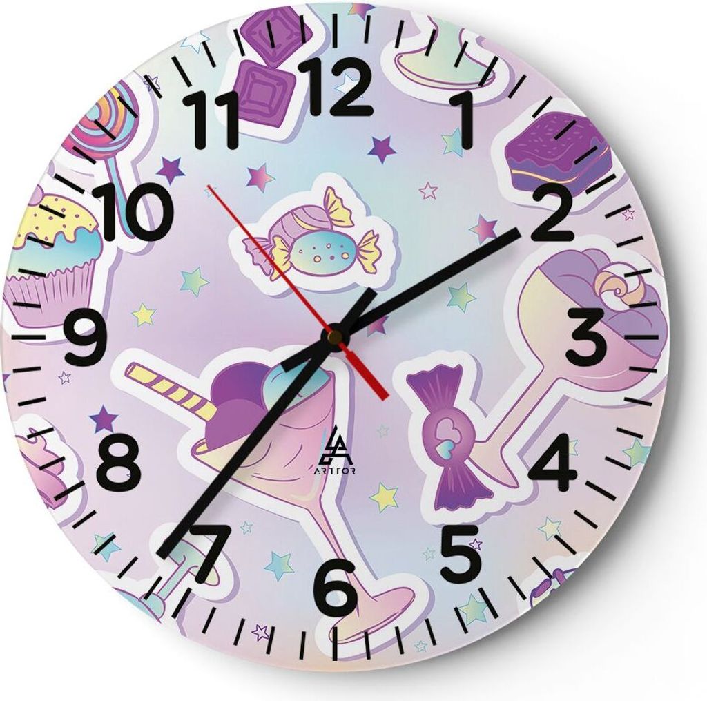 Wanduhr - Rund - Glasuhr - Süßigkeiten Süßigkeiten Kinder Kuchen - 40x40cm - Schleichendes Uhrwerk - Lautlos - zum Aufhängen bereit - Dekorati...