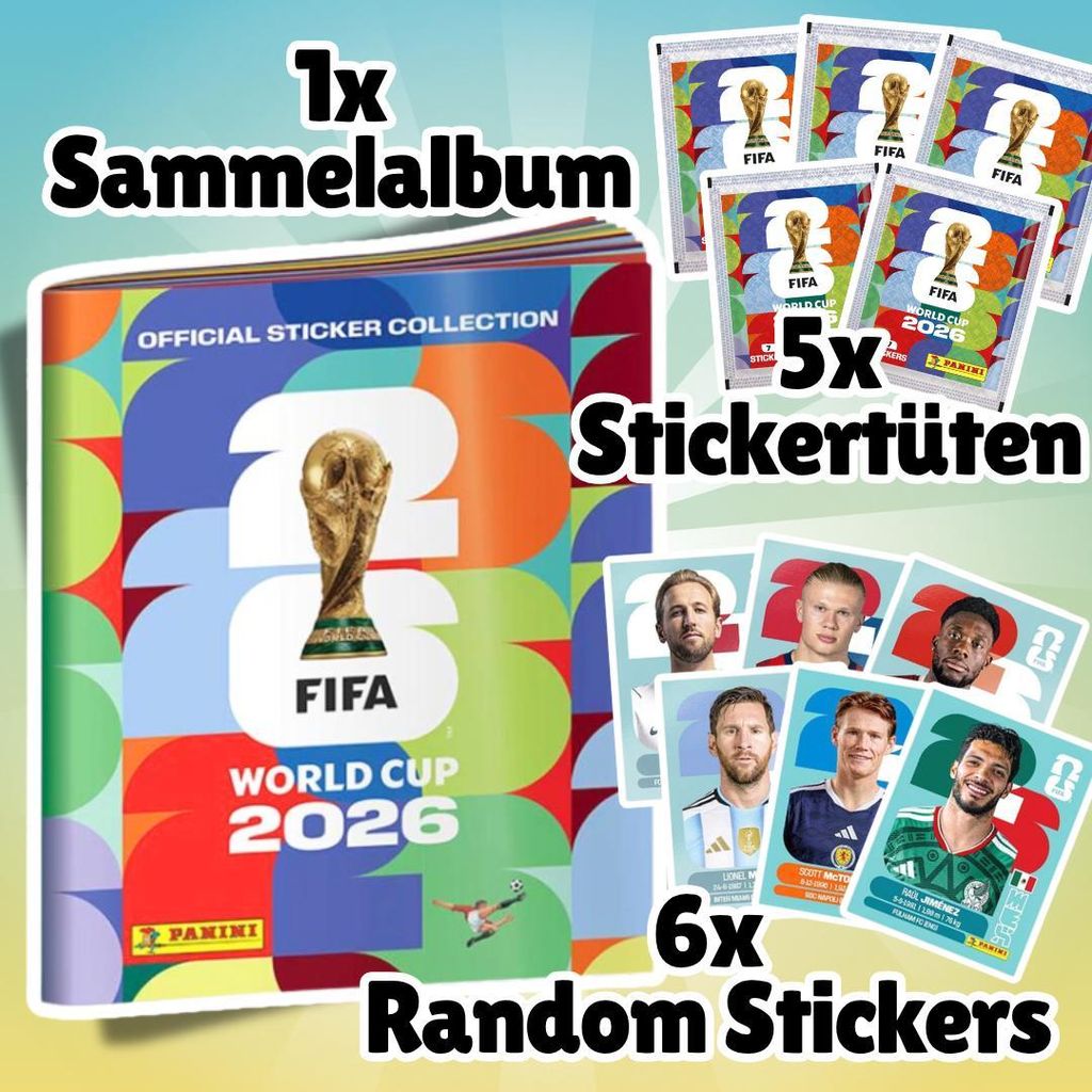 Panini FIFA World Cup 2026 Sammelalbum Softcover mit 6 Stickern + 5x Fifa World Cup 2026 Sticker Tüten – 7 Sticker je Tüte – insgesamt 41 Sti...