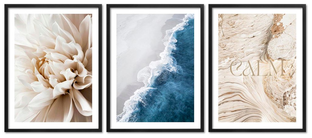 ARTFAVES Poster Set - Beige Blue Calmness Trio I mehrteilige Bilderwand für Wohnzimmer, Schlafzimmer I Wandbilder Elegant I mit Rahmen Schwarz