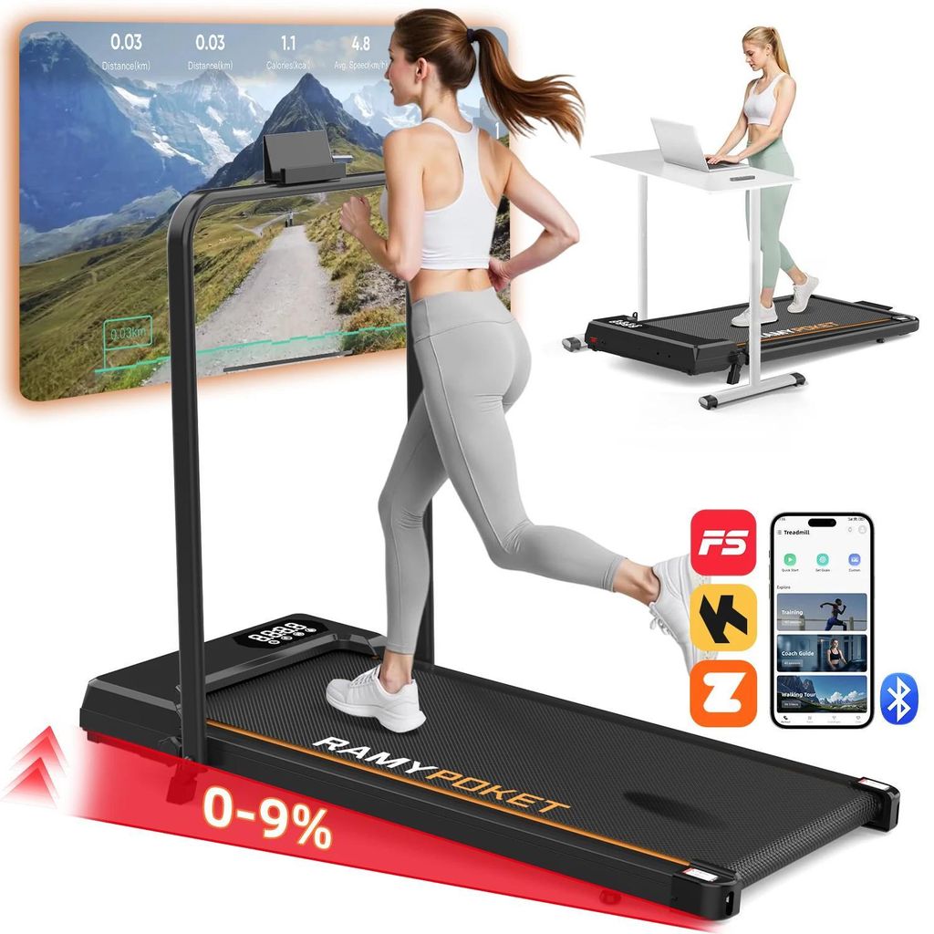 Walking Pad Laufband - Unter Schreibtisch - 9 % verstellbare Steigung - App Steuerung - 1–8 km/h - Max 120 kg - Klappbar - Schwarzes Gestell 9 %