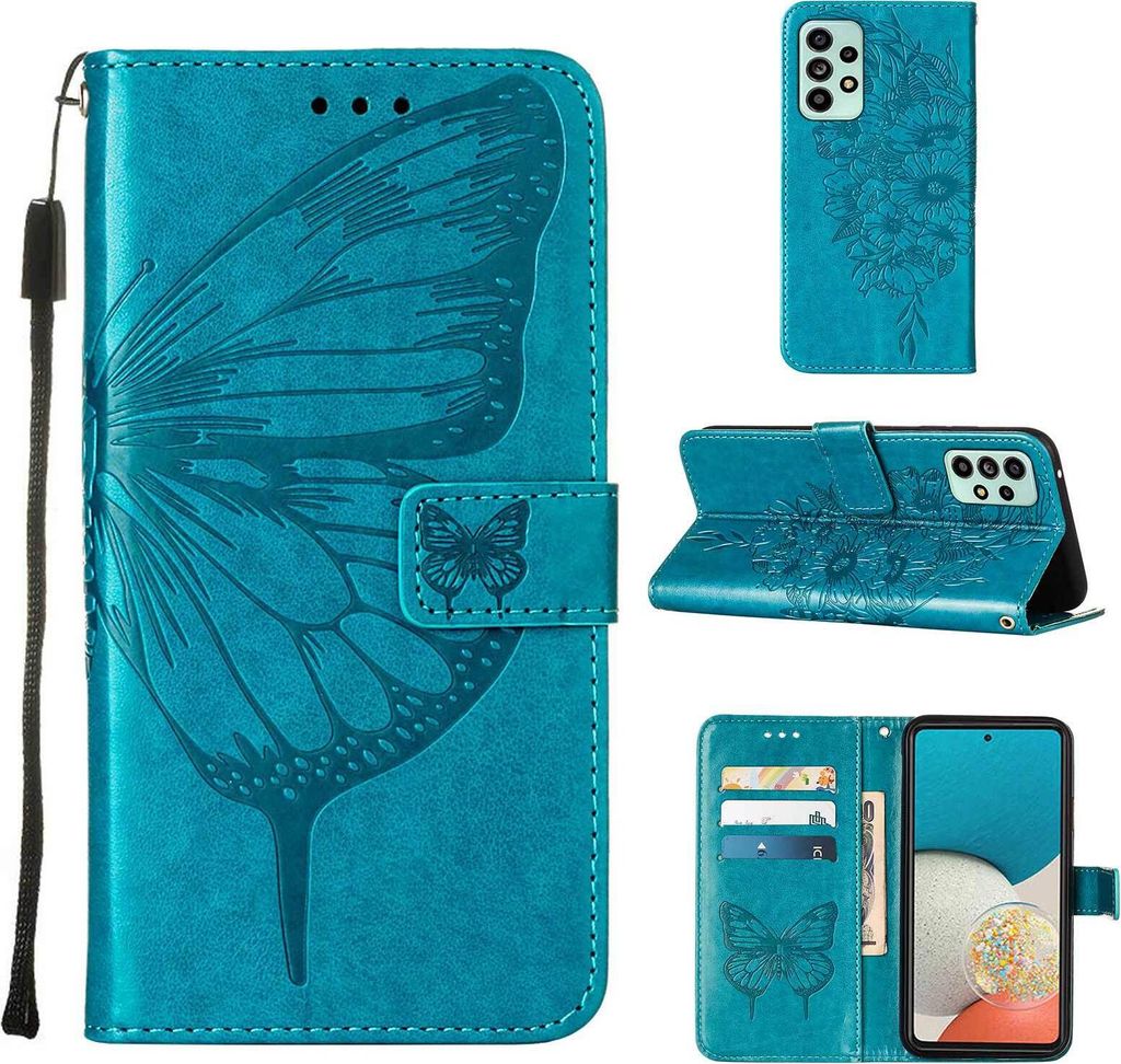 Galaxy A73 5G Hülle, Schmetterling Prägung Flip Leder Kartenfächer Schutzhülle Ledertasche mit Ständer für Samsung Galaxy A73 5G Blau