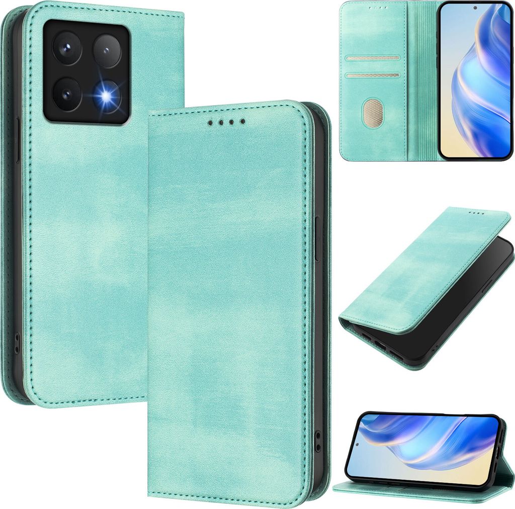 Handyhülle für Xiaomi 14T, Vintage Leder RFID Schutz Kartenfach Standfunktion Magnetische Klapphülle Türkis