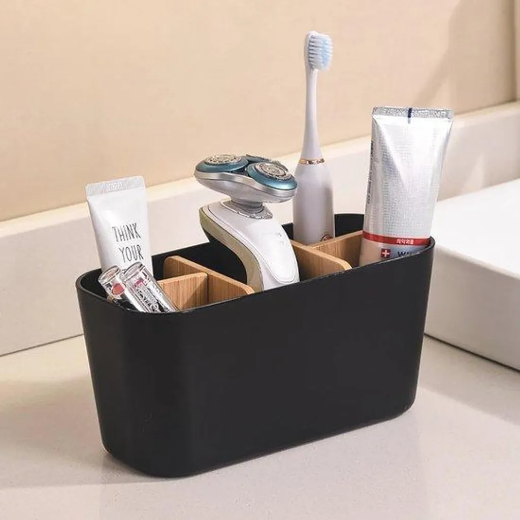 Porte-brosse à dents design avec paroi bambou et compartiment intégré