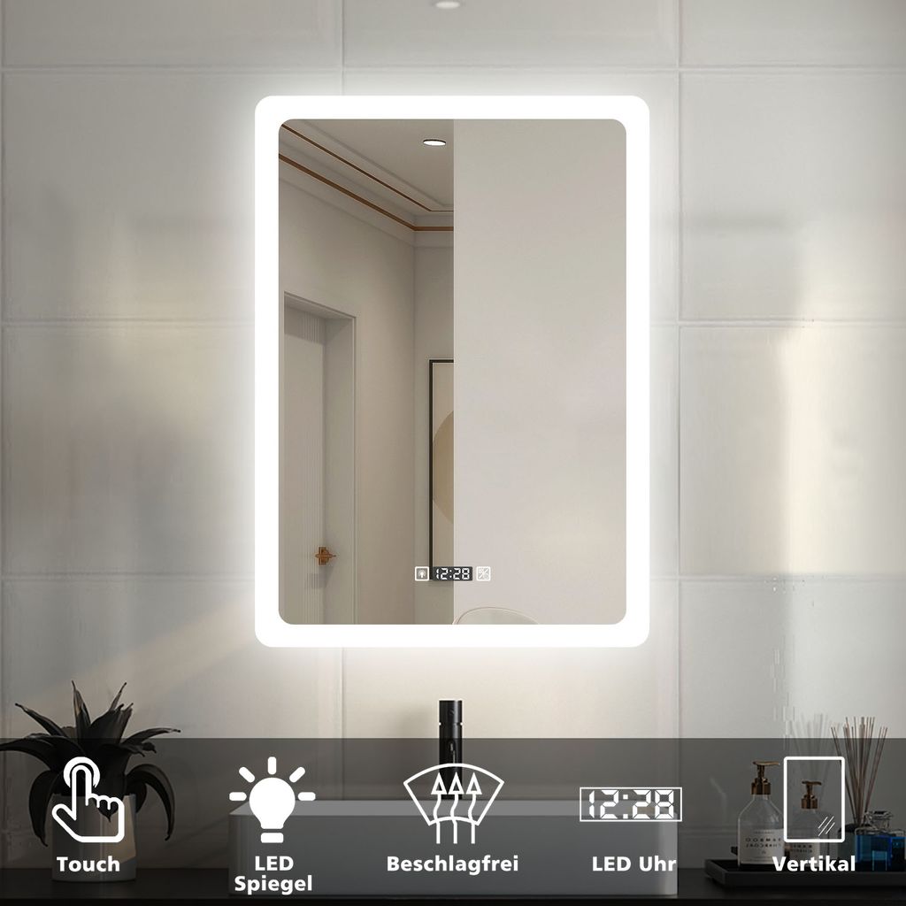 led badspiegel 60×80cm wandspiegel mit uhr, touch, beschlagfrei  badezimmerspiegel mit beleuchtung lichtspiegel ip44 kaltweiß energiesparend
