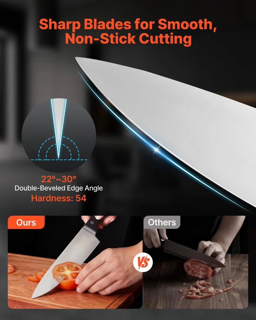 SucceBuy Set di coltelli da cucina da 15 pezzi con ceppo in legno e acciaino per affilare, coltelli affilati in acciaio inox di alta qualità con manici ergonomici in ABS, ideali per gli amanti della cucina - 3