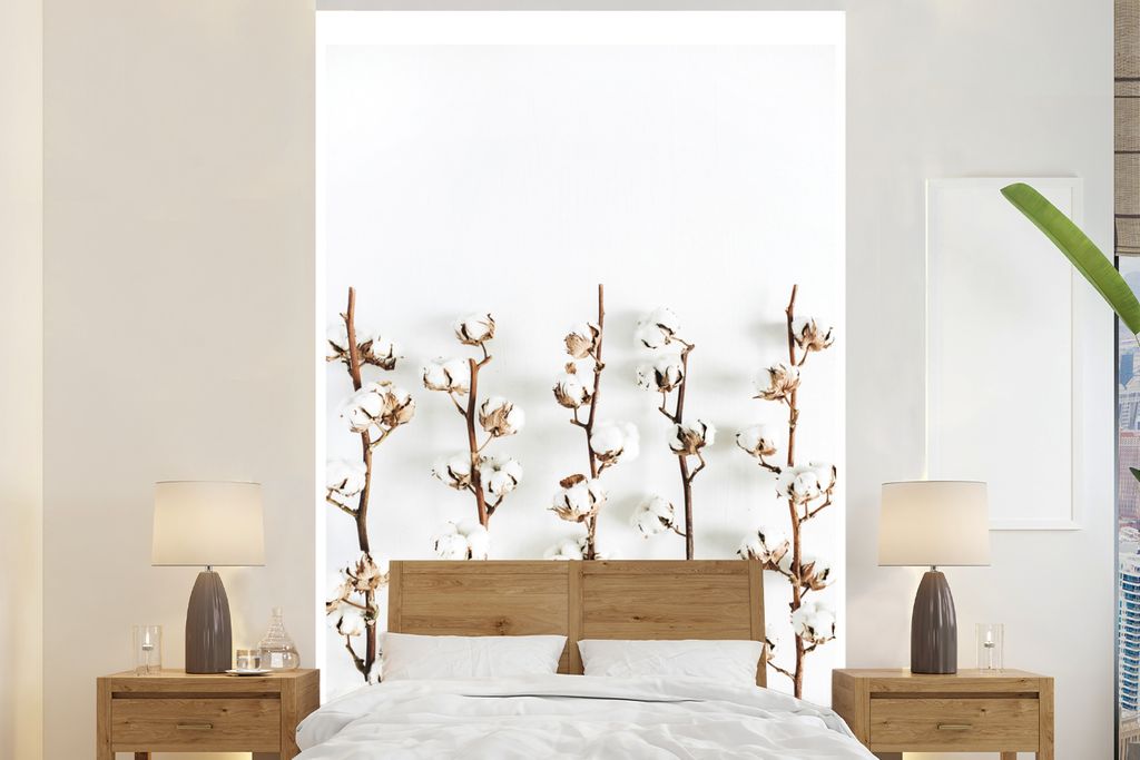 MuchoWow Fototapete für Wohnzimmer oder Schlafzimmer Wandtapete Vinyl Motivtapete Baumwolle - Weiß - Natürlich - 195x300 cm - Das Hintergrundbild