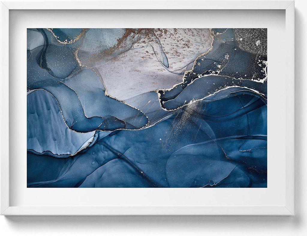 Blaue Abstraktion mit Gold– Wandbild mit Rahmen – Gerahmtes Bild – Wanddekoration – 70x50 cm – Weiß Rahmen