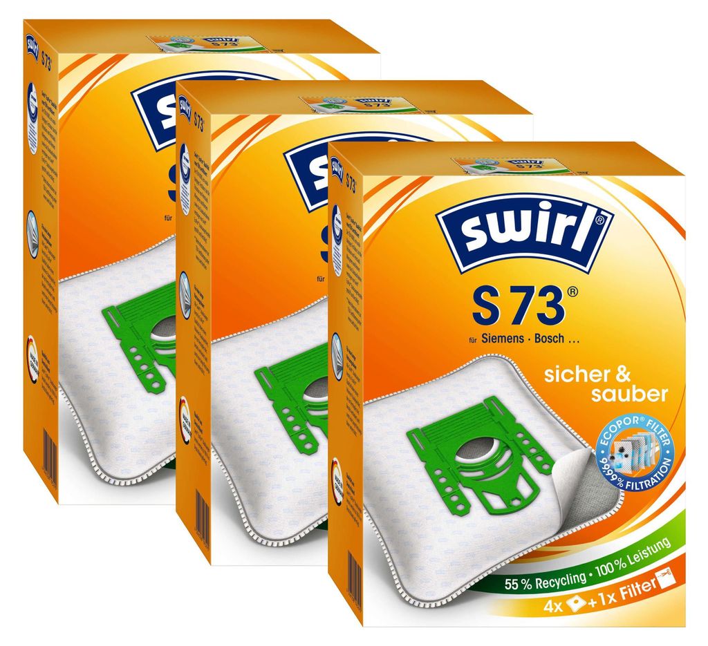 Three boxes of Swirl vacuum cleaner bags stacked diagonally.