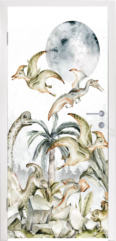 MuchoWow Türtapete Selbstklebende Türfolie Dinosaurier - Kinder - Dschungel - Grün - Tiere - Natur 80x205 cm Türposter Türaufkleber Klebefol...